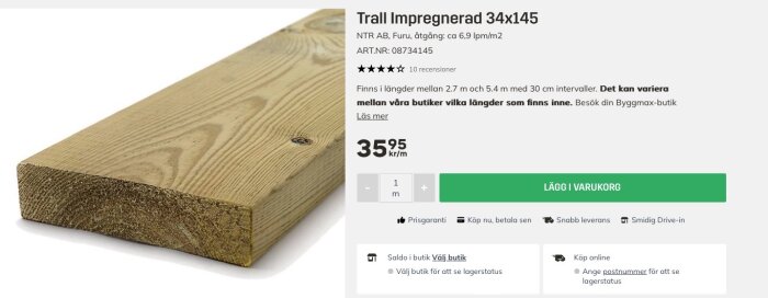 Bild på impregnerat trallvirke av storleken 34x145 mm med priset 35,95 kr per meter hos Byggmax. Produkten har artikelnummer 08734145 och finns i olika längder.