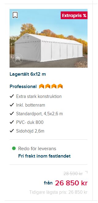 Vit lagertält 6x12 meter med specificerade mått och material. Från 26 850 kr. Städhöjd 2,6 meter och PVC-duk 800, inkluderar bottenram och standardport.