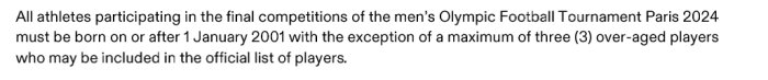 Bild med text som beskriver regler för OS-fotbollsmästerskapen 2024: Spelare måste vara födda 1 januari 2001 eller senare, med undantag för tre överåriga spelare.