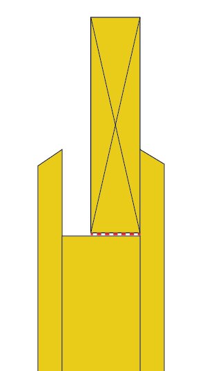 Diagram som visar en byggkonstruktion där ett rött streck representerar syllpappen mellan en vertikal och horisontell del.