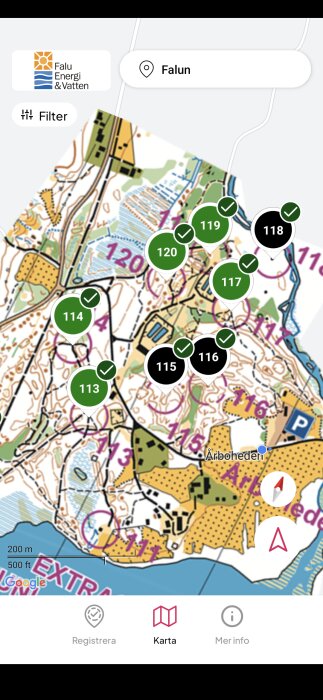 Karta över Falun med markeringar för olika platser, inklusive stationer numrerade från 113 till 120. Markeringar visas som gröna eller svarta cirklar.