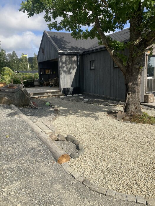 Grusgång med kantade stenar och stockar framför ett grått hus med träd i bakgrunden.