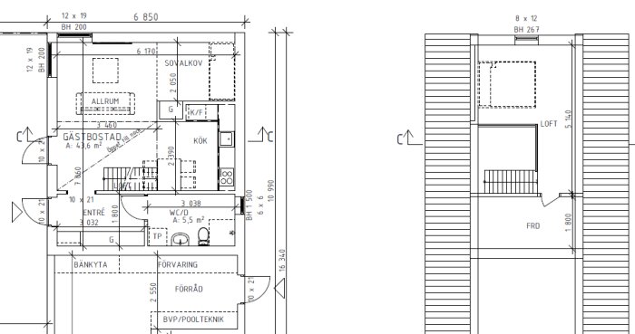 Planritning över ett garage och lägenhet med markeringar för allrum, kök, sovalkov, WC/D, och förvaring. Loft med kattvind och förråd på övervåningen.