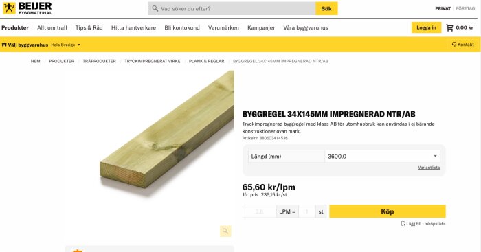 Produktbeskrivning av tryckimpregnerad byggregel 34x145mm från Beijer Byggmaterial med pris 65,60 kr/lpm och längd 3600 mm.