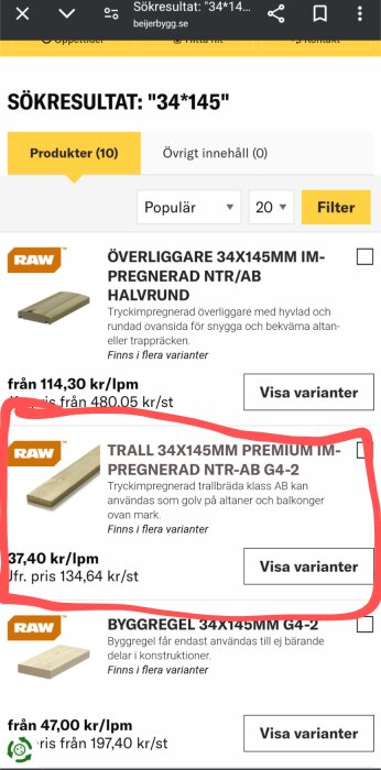 Skärmdump av en webbsida som visar pris och beskrivning av byggmaterial, inklusive tryckimpregnerad trallbräda och byggregel med dimensionerna 34x145 mm.