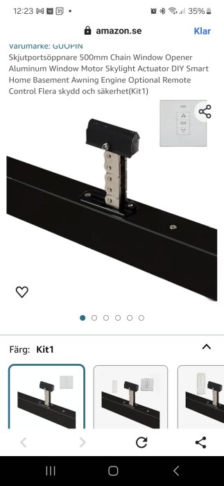 Skjutportsöppnare 500mm Chain Window Opener i aluminium med fjärrkontroll och tillbehör från varumärket GUOQIN, visas på en produktbild från Amazon.