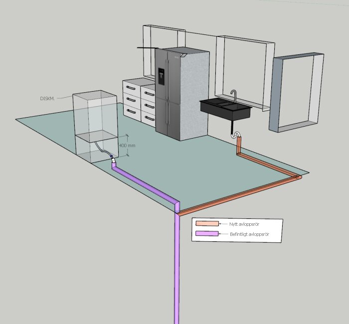 Skiss av avloppssystem i kök, med nytt 50 mm avloppsrör som ansluts till befintligt rör. Det befintliga röret är märkt i lila och det nya röret i orange.