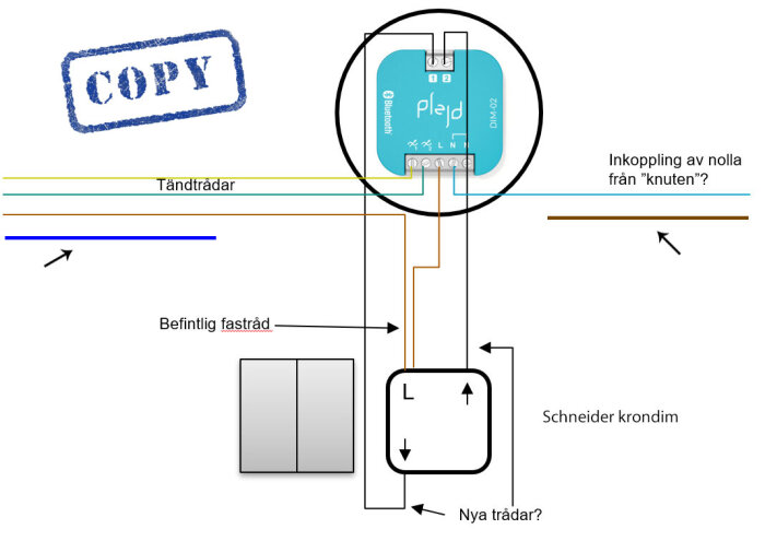 Kopplingsschema för installation av en Plejd DIM-02 dimmer med tändtrådar, fas, nolla och en Schneider Kron dimmer.