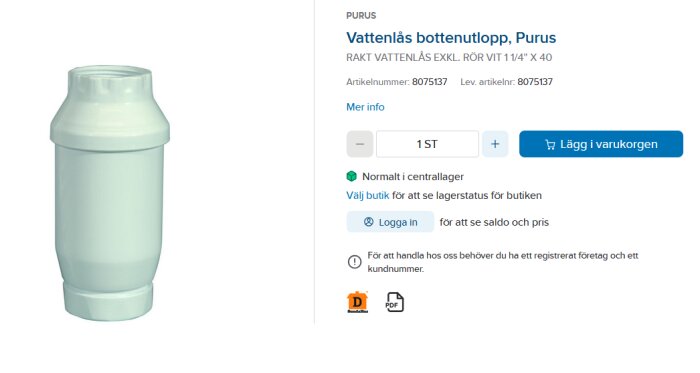 Produktbild av ett vitt, rakt vattenlås från Purus med artikelnummer 8075137, exklusive rör, avsedd för bottenutlopp.