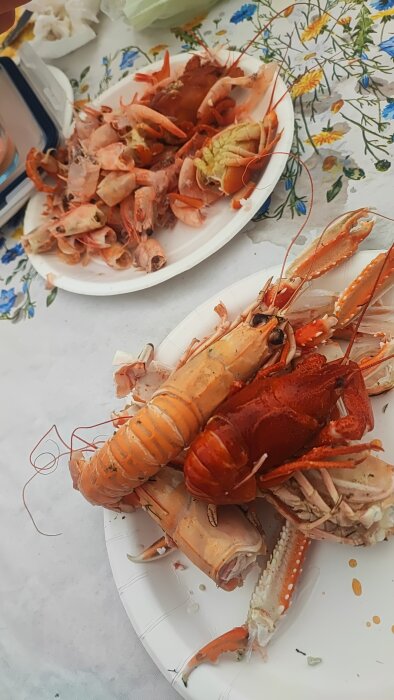 Tallrikar med skaldjur, inklusive kräftor och räkor, på ett bord täckt med en blommönstrad duk.