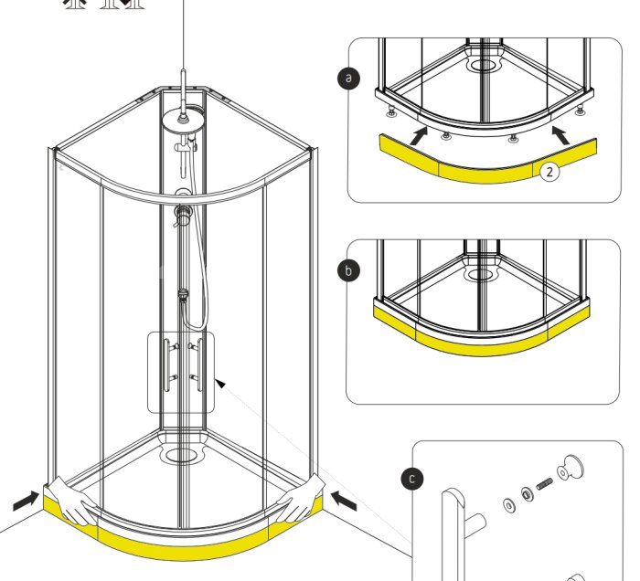 Instruktionsbild som visar hur man lossar fronten på en duschkabinmodell Granvik genom att dra ut ena ytterkanten enligt steg a, b och c.