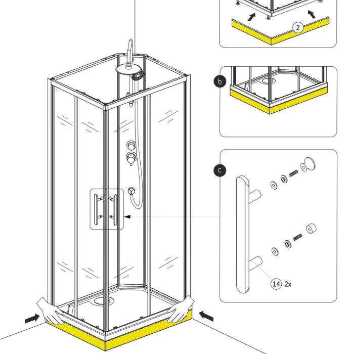 Illustration av monteringsanvisningar för en fyrkantig duschkabin, fokuserar på bottenramen, hörnbotten och installationsdetaljer som handtagsskruvar.