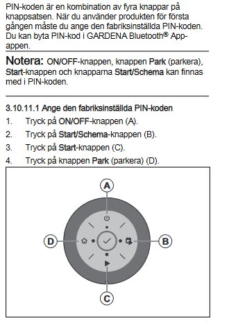 Illustration av hur man anger PIN-koden för en robotgräsklippare med hjälp av fjärrkontrollens fyra knappar märkta A, B, C och D enligt manualen.