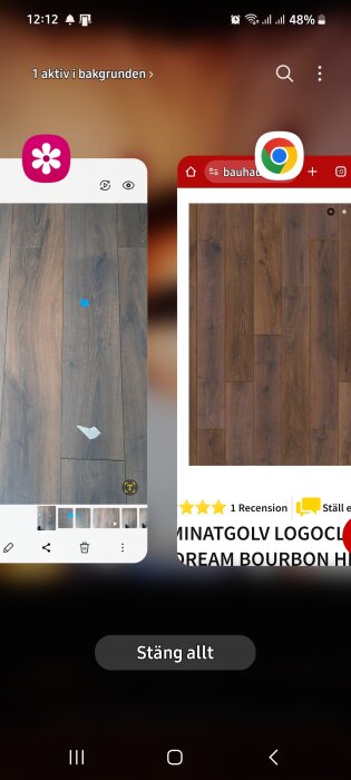 Mörkt laminatgolv i två mobilappar jämförs, en bild visar en fysisk golvbräda med färgskillnad och en annan visar en produktbild från Bauhaus.