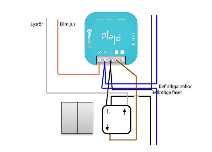 Kopplingsschema för Plejd DIM-01 dimmer med anslutningar för befintliga nollor och faser, lysrör och dimljus.