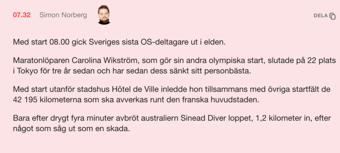 Skärmdump av ett inlägg om maratonlöpning av Simon Norberg, publicerat klockan 07.32, med information om den svenska maratonlöparen Carolina Wikström.