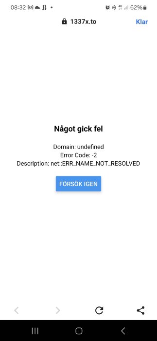 Felmeddelande som visar "Något gick fel" och information om "ERR_NAME_NOT_RESOLVED" på webbplatsen 1337x.to när man använder Telias mobilnät.