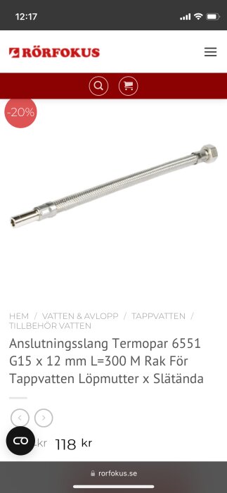 Anslutningsslang Termopar 6551 G15 x 12 mm från Rörfokus med 20% rabatt, rak modell för tappvatten med löpmutter och slätända, pris 118 kr.