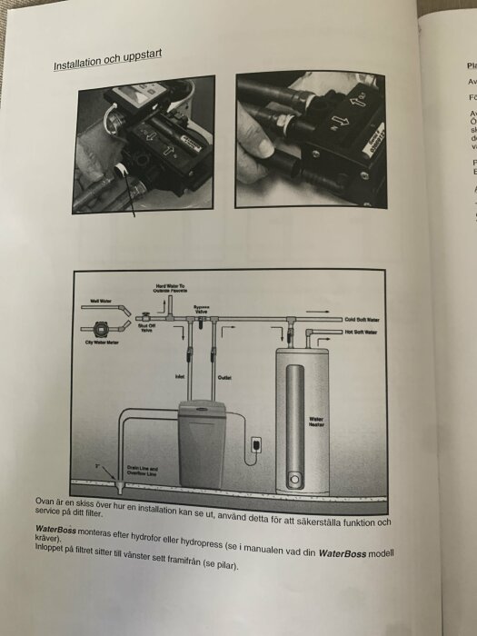 Installation av vattenfilter med två närbilder på montering av rörkopplingar och en skiss av systemet inkluderande bland annat vattenmätare, avstängningsventil, vattenvärmare och WaterBoss.