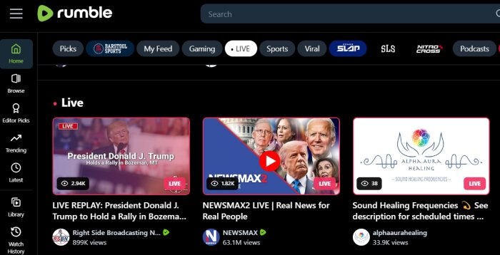 Live videor på Rumble, inklusive en rallyvideo med Donald Trump i Bozeman, MT, en NEWSMAX2 livesändning och en ljudhelande frekvensvideo.