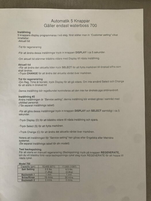 Instruktionsblad för inställning och regenerering av Waterboss 700 med automatiskt 5-knapps display. Innehåller instruktioner för tid- och saltsättning samt test av backspolning.