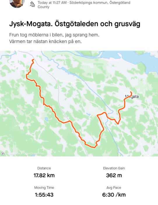 Karta över en löprunda mellan Jysk och Mogata längs Östgötaleden, med en total sträcka på 17,82 km, en höjdökning på 362 meter och en genomsnittlig hastighet på 6:30/km.