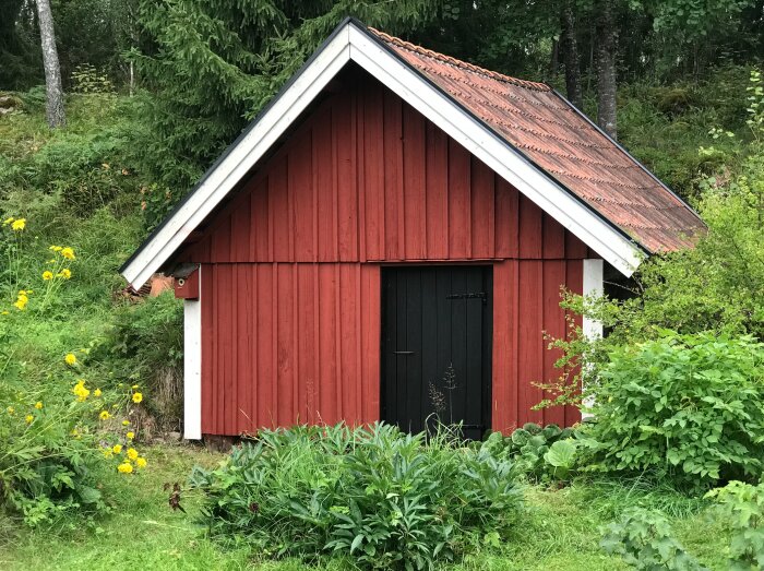 Ett rödmålat litet hus med svart dörr och tegeltak omgivet av grönska, blommor och träd.