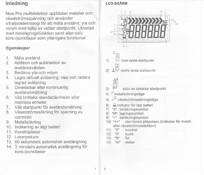 Instruktioner och illustration för New Pro multidetektor, beskriver funktioner som mätning av avstånd, yta och volym, samt visar symboler och indikatorer på LCD-skärmen.