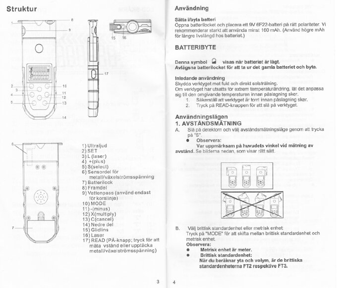 Illustrationer och instruktioner för användning och batteribyte av en ultraljudsmätare med detaljer om knappar och funktioner.