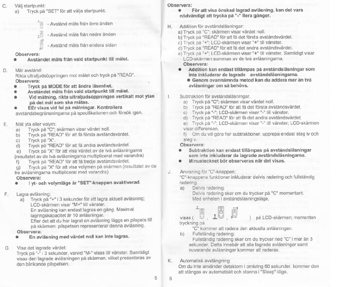 Bild på instruktioner för användning av en mätare, inklusive punkter för att välja startpunkt, mäta avstånd, mäta yta eller volym, lagra avläsningar, och subtraktion.