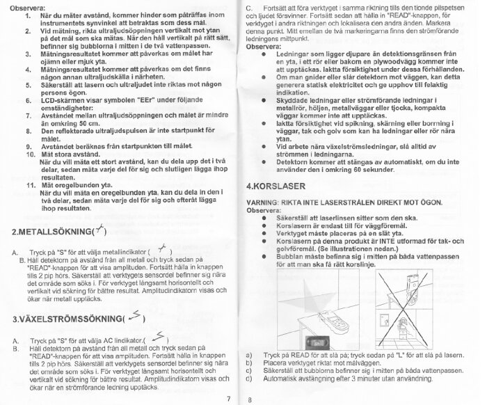 Instruktionssida för användning av ett mätverktyg med sektioner om avståndsmätning, metall- och växelströmssökning samt korslaser, inklusive varningar och symbolförklaringar.