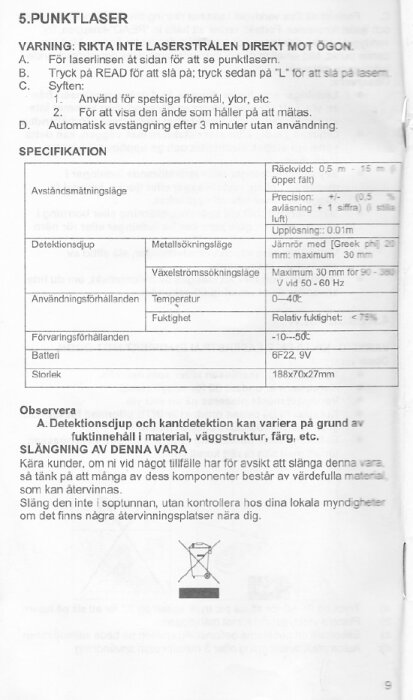 Instruktionssida för punktlaser med specifikationer och varningar om att inte rikta laserstrålen mot ögon. Inkluderar information om avståndsmätning, batterityp och storlek.