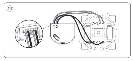 Illustration av en installationsmanual som visar hur plintar 1 och 2 ska kopplas till en enhet med tillhörande kablar.