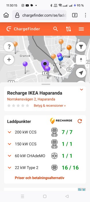 Karta från ChargeFinder som visar tillgängliga laddpunkter vid Recharge IKEA Haparanda, Norrskensvägen 2, med detaljer om laddkapaciteten för olika typer av laddare.