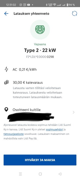 Skärmbild av ett betalningsfönster för elbilsladdning vid Lidl, visar typ 2-laddare, 22 kW, kostnad 0,21 €/kWh och en reservation på 30,00 €.