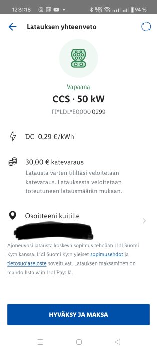 Skärmdump av en betalningsbekräftelse från Lidl för laddning av elbil, visar kostnad och villkor för laddning på 50 kW CCS-station.