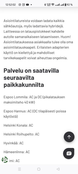 Skärmbild av information på finska om var man kan ladda elbilar i olika områden, inklusive Espoo, Helsinki, Hyvinkää, Hämeenlinna och Imi.