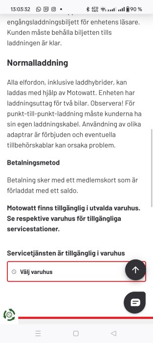 Skärmdump från en informationssida om normalladdning för elfordon med tjänsten Motowatt, inklusive betalningsmetoder och tillgänglighet i varuhus.