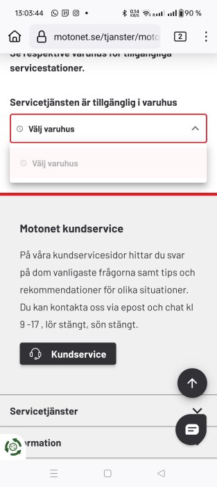 Skärmdump av Motonet kundservice webbsida med instruktioner för val av varuhus och kontaktalternativ via e-post eller chatt.