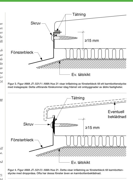 Diagram som visar infästning av fönsterbleck till karmbottenstycke med instruktioner för tätning, skruvplacering och eventuellt tätskikt.