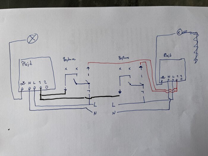 Handritat kopplingsschema med blå, röd och svart penna, visar två Plejd dim-01 enheter, två Renova strömställare och kopplade lampor.