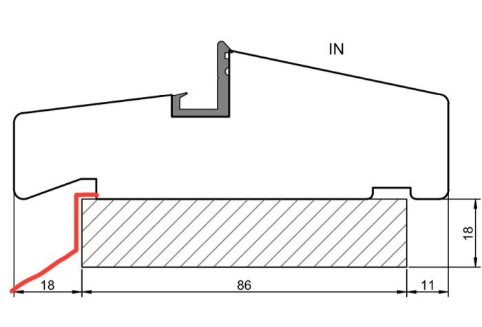 Ritning som visar en sektion med mått och en röd linje som visar hur en plåt böjs i vinklar om 18 mm och 86 mm.