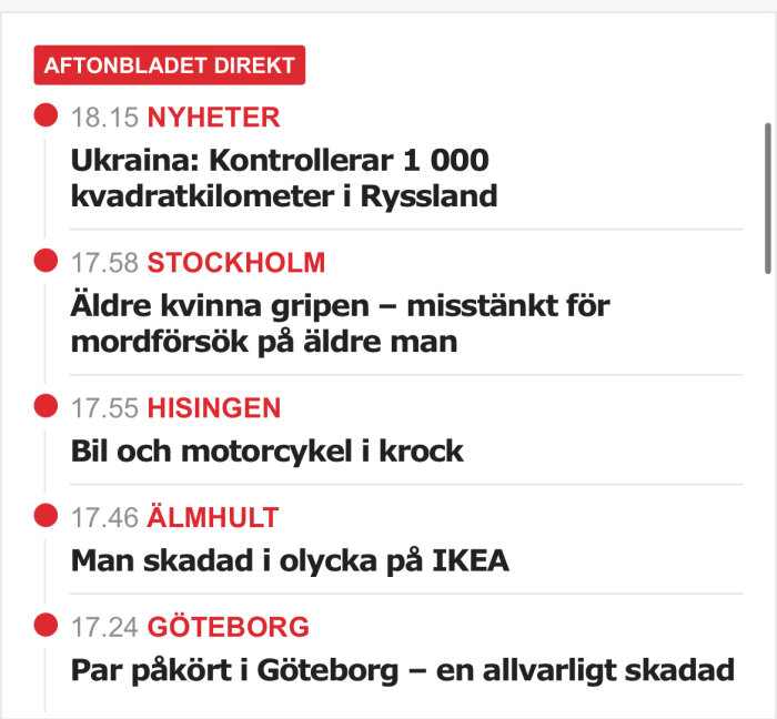 Skärmdump av Aftonbladets direktrapportering med nyhetsrubriker från Stockholm, Hisingen, Älmhult och Göteborg.