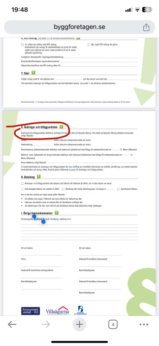 Standardavtal för byggprojekt från byggföretagen.se med sektionen "G. Ändringar och tilläggsarbeten" markerad med röd cirkel.