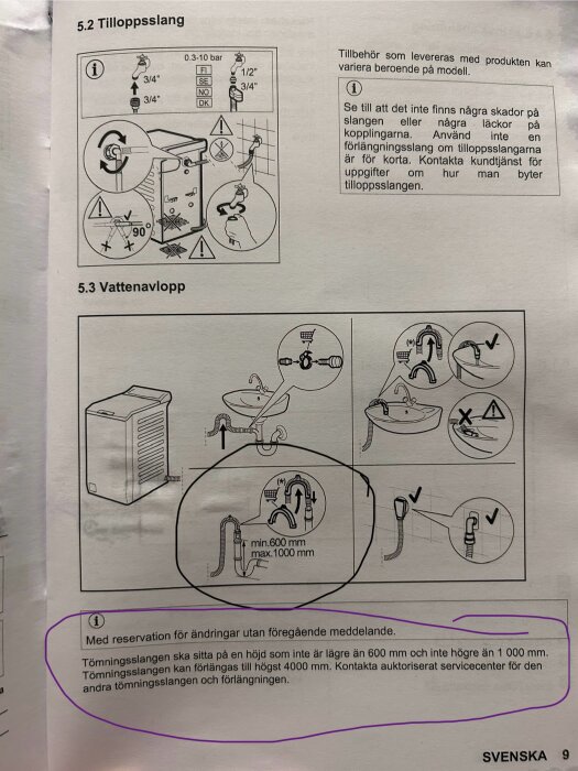 Instruktionssida från en manual för installation av tilloppsslang och vattenavlopp med illustrerade steg. Text om korrekt höjd för tömningsslang markerad.