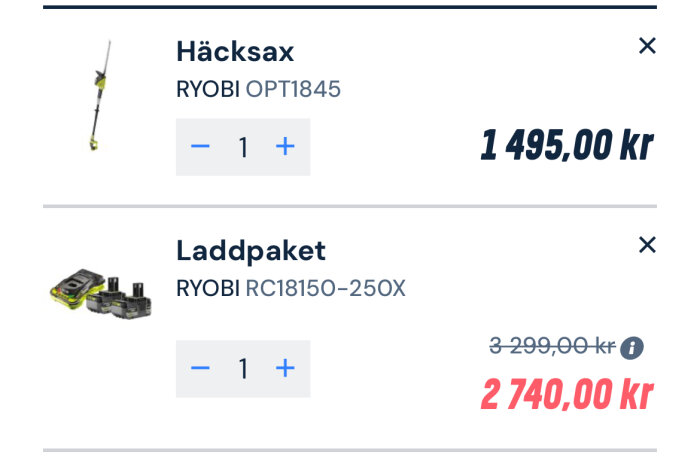 Bild av en inköpskorg som visar en Ryobi Opti1845 häcksax för 1495 kronor och ett batteripaket Ryobi RC18150-250X för 2740 kronor.