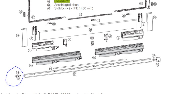 Ritning av olika komponenter till ett glidskenesystem för en altandörr, inklusive märkt del "Steuerklotz" (kontrollblock).