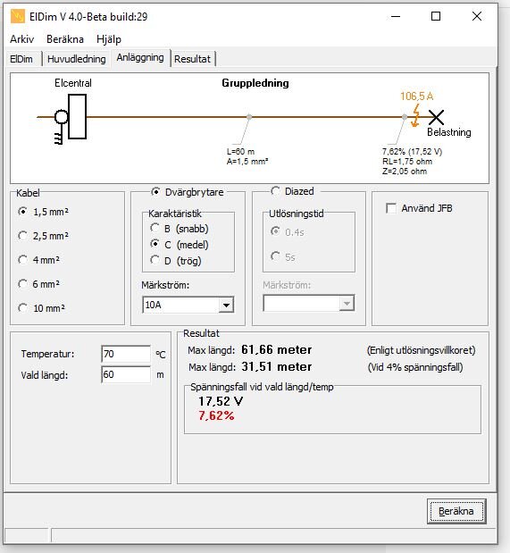 Skärmbild från mjukvaran Eldim V 4.0 Beta som visar inställningar för kabelstorlek, dvärgbrytare och resultat för max kabellängd och spänningsfall.