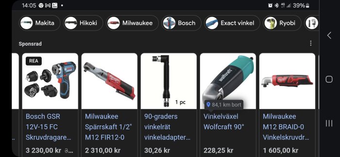 Bild med en Bosch skruvdragare, Milwaukee spärrskaft, 90-graders vinklad adapter, Wolfcraft vinkelväxel och Milwaukee vinkelskruvdragare från en produktsökning.