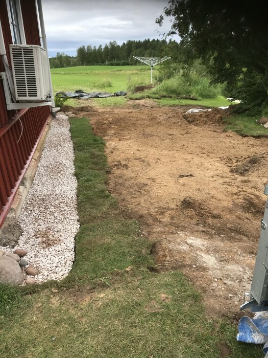 Markarbete pågår vid sidan av ett hus, med en grusgång längs väggen och gräsmatta som delvis har grävts upp. Ett grönt fält och träd syns i bakgrunden.